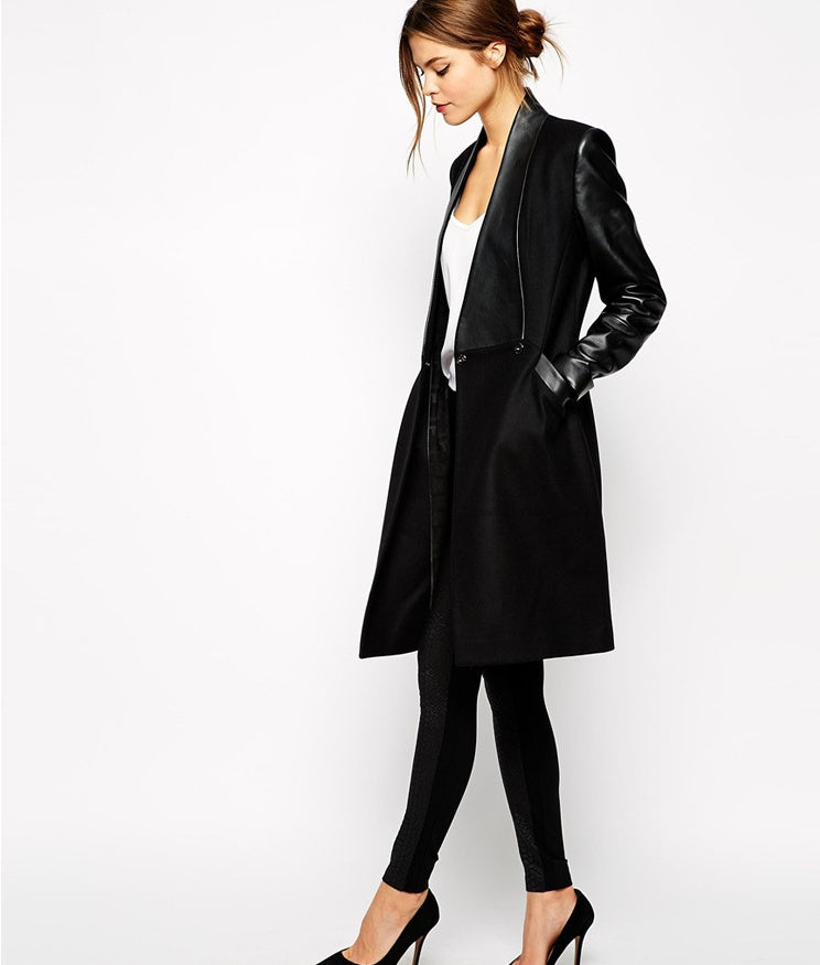 European and American stars with the new paragraph stitching leather long section Slim woolen coat woolen coat femal