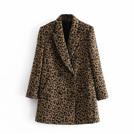 Sexy leopard print European and American style casual simple mid-length woolen jacket