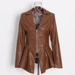 Suit Collar Hem Ruffled Slim-Fit Motorcycle PU Leather Jacket