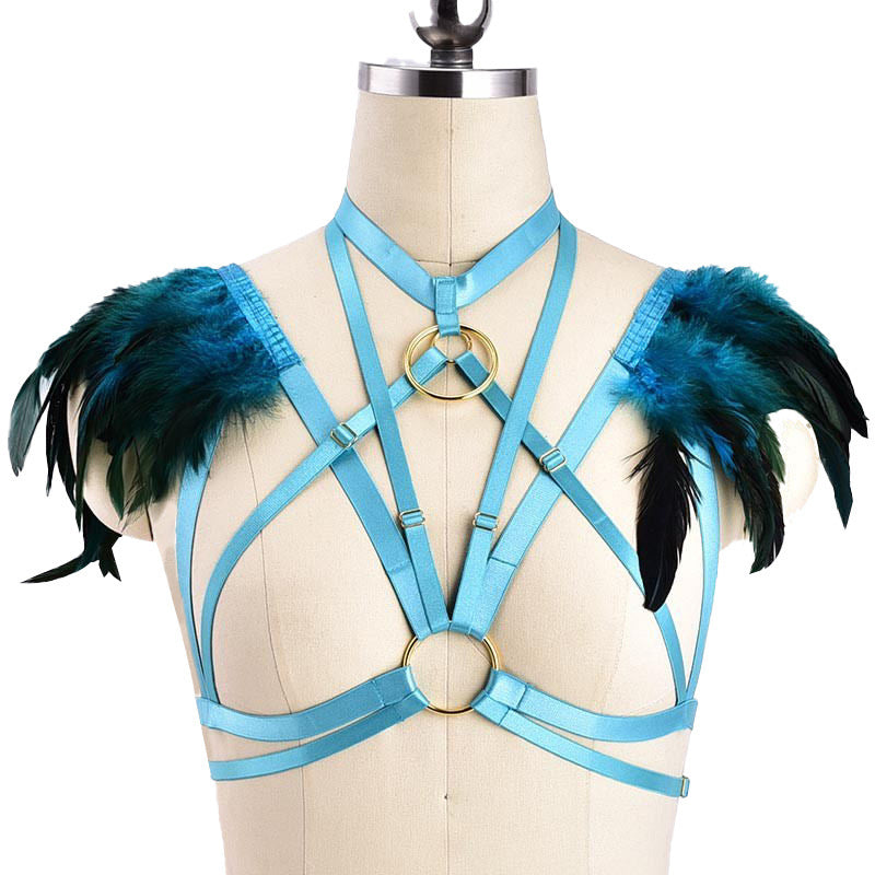 Colorful Goth Punk Harness Feather Lingerie Prom Show Bra