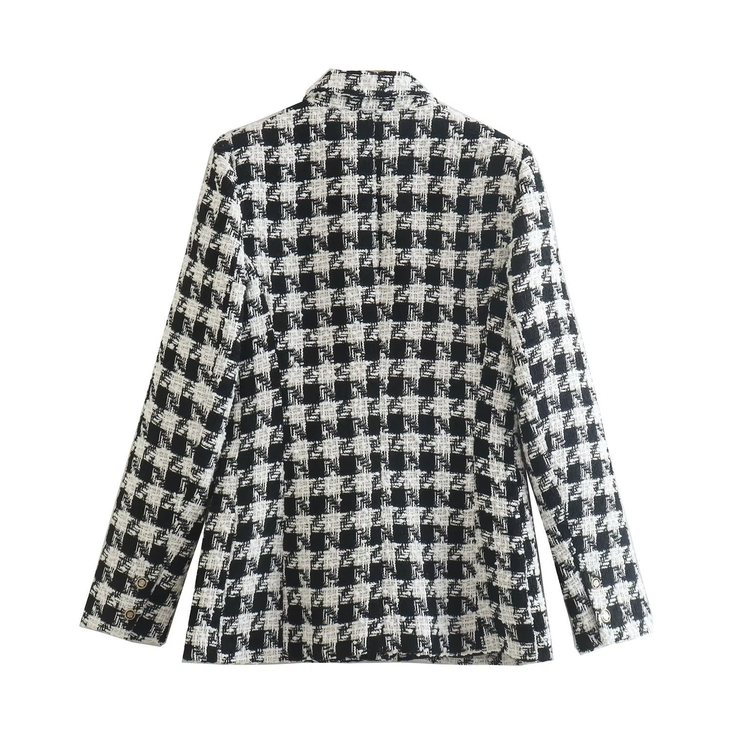 Lapel Long Sleeve Double Breasted Houndstooth Coat Top For Women