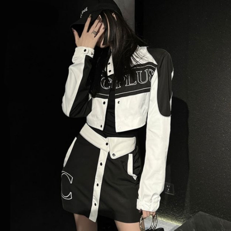 Motorcycle Jacket Coat Top High Waist Short Skirt Two-piece Set