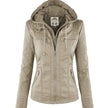 Women's Detachable Lapel Long Sleeve Solid Color Zipper Leather Jacket Coat