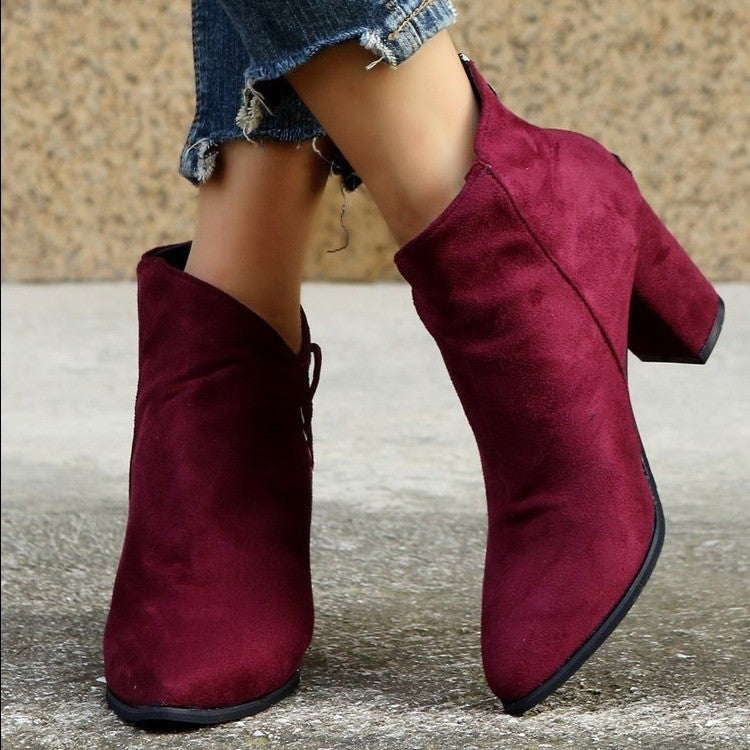 Retro Fashion Boots Pointed Suede High-heeled Ankle Boots Plus Size