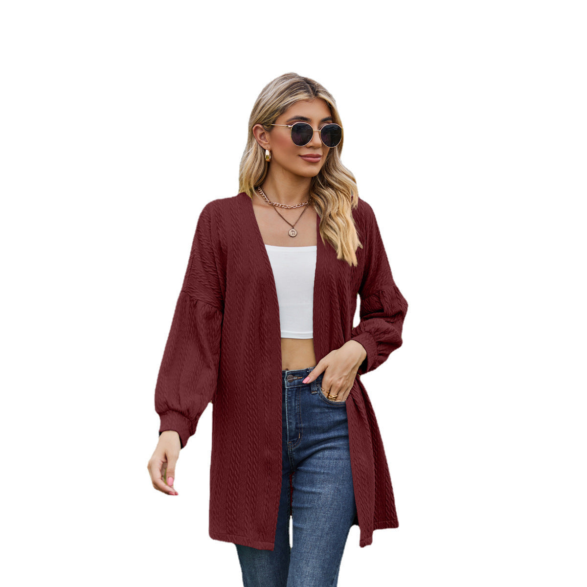 Long Sleeve Solid Color Loose Cardigan Top Women's Knitting Coat