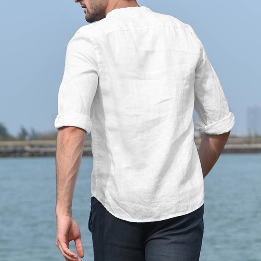 Men's Stand Collar Foreign Trade Cotton Linen Long Sleeve Shirt