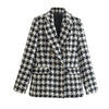 Lapel Long Sleeve Double Breasted Houndstooth Coat Top For Women