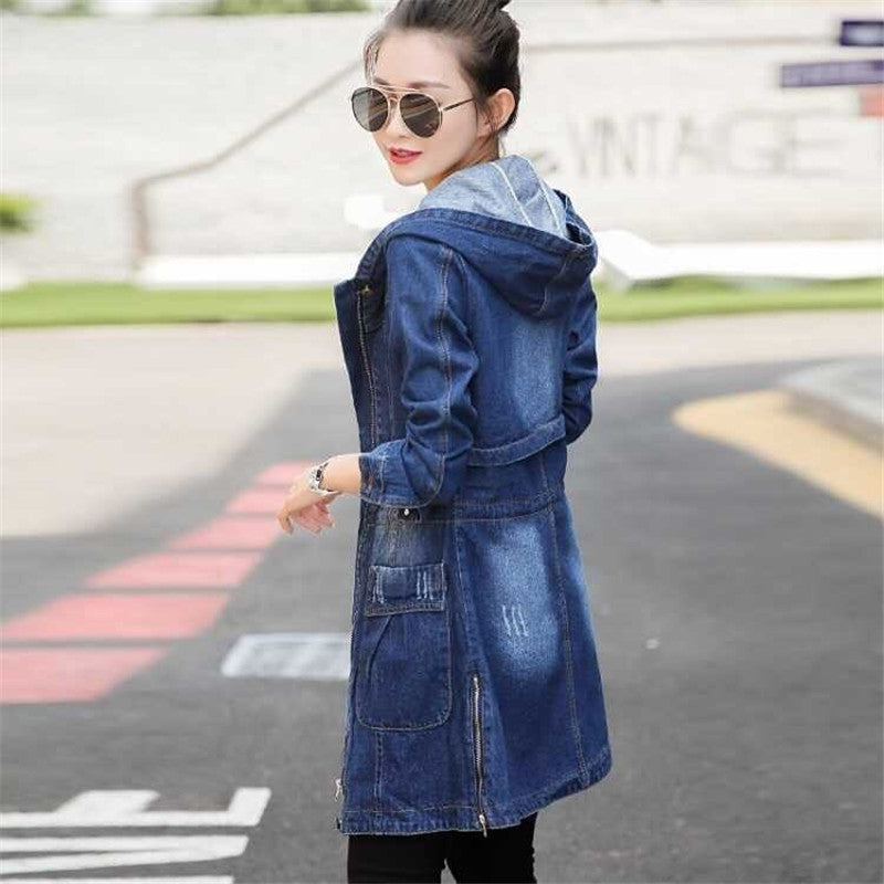 Women's Mid-length Long-sleeved Hooded Denim Jacket