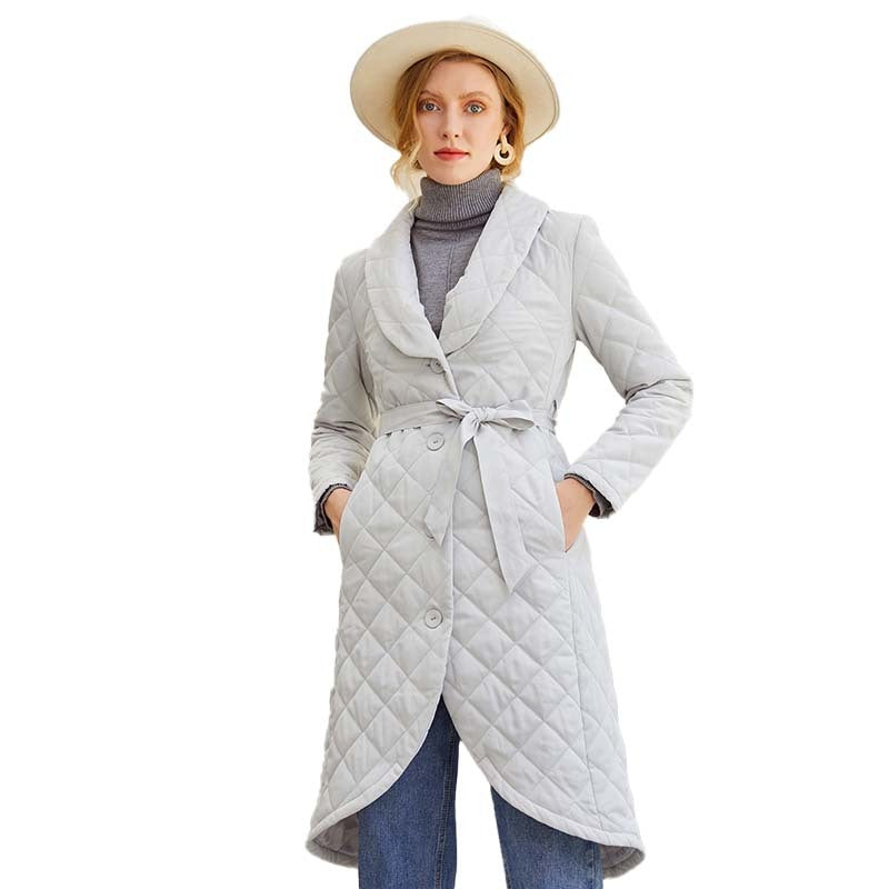 Single-breasted Temperament Women's Silver Warm Cotton Coat Mid-length Slim Coat Silver Gray Waist