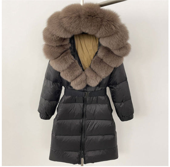 Women's Long Cinched Hoodie Real Fox Fur Collar Coat