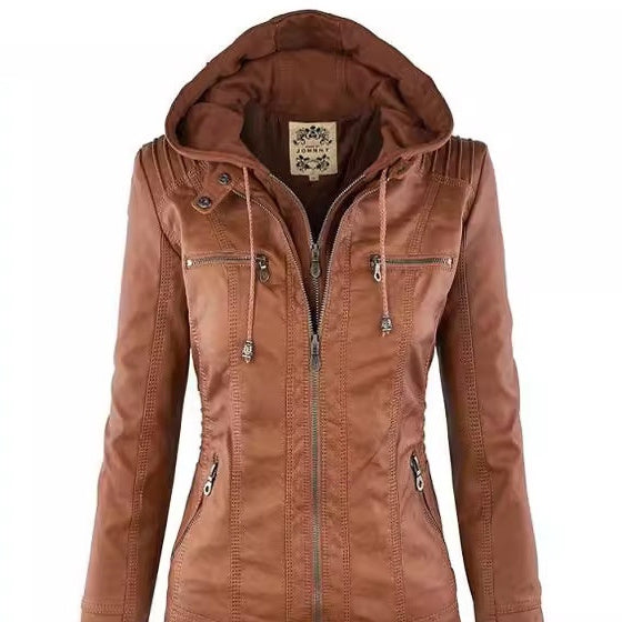 Women's Detachable Lapel Long Sleeve Solid Color Zipper Leather Jacket Coat