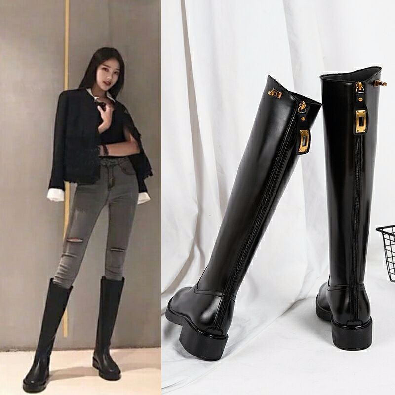 New Fashion But Knee-high Thick Heel Long Martin Leather Boots