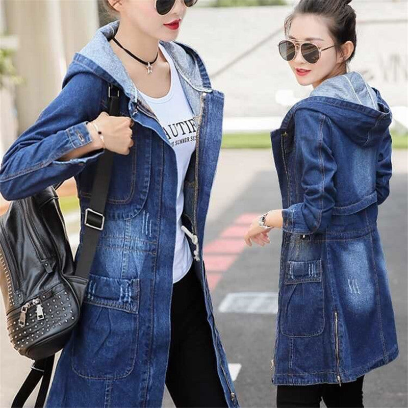 Women's Mid-length Long-sleeved Hooded Denim Jacket