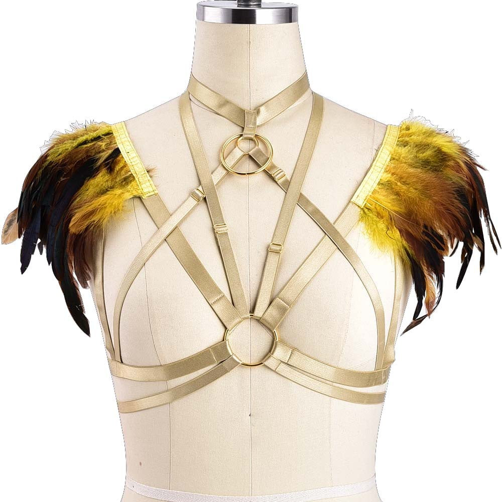 Colorful Goth Punk Harness Feather Lingerie Prom Show Bra