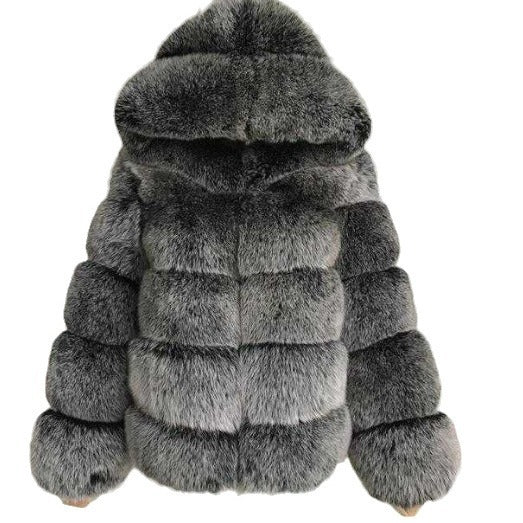 Women's Minimalist Hooded Patchwork Fur Grass Jacket