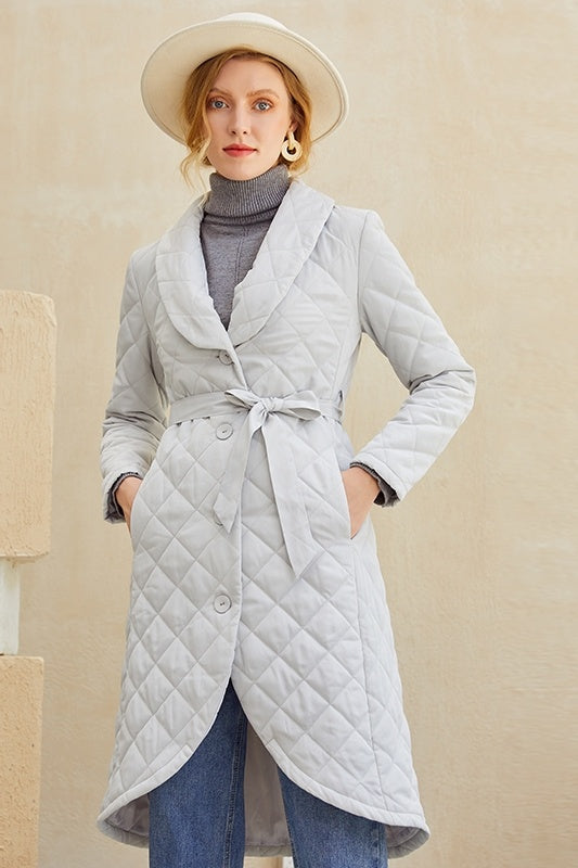 Single-breasted Temperament Women's Silver Warm Cotton Coat Mid-length Slim Coat Silver Gray Waist