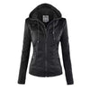 Women's Detachable Lapel Long Sleeve Solid Color Zipper Leather Jacket Coat