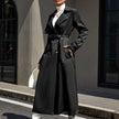 Mid-length High-grade Large Lapel Temperament Commute Lace-up Waist-controlled Black Coat