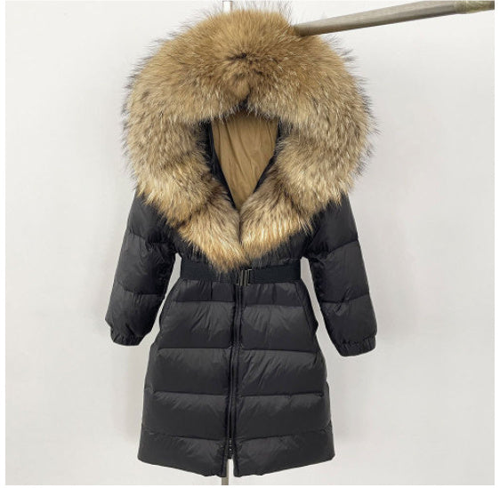 Women's Long Cinched Hoodie Real Fox Fur Collar Coat