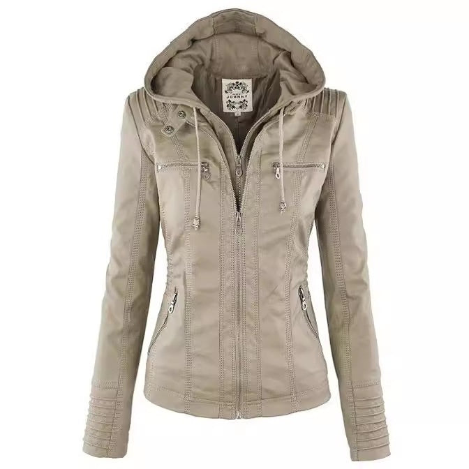 Women's Detachable Lapel Long Sleeve Solid Color Zipper Leather Jacket Coat