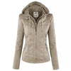 Women's Detachable Lapel Long Sleeve Solid Color Zipper Leather Jacket Coat