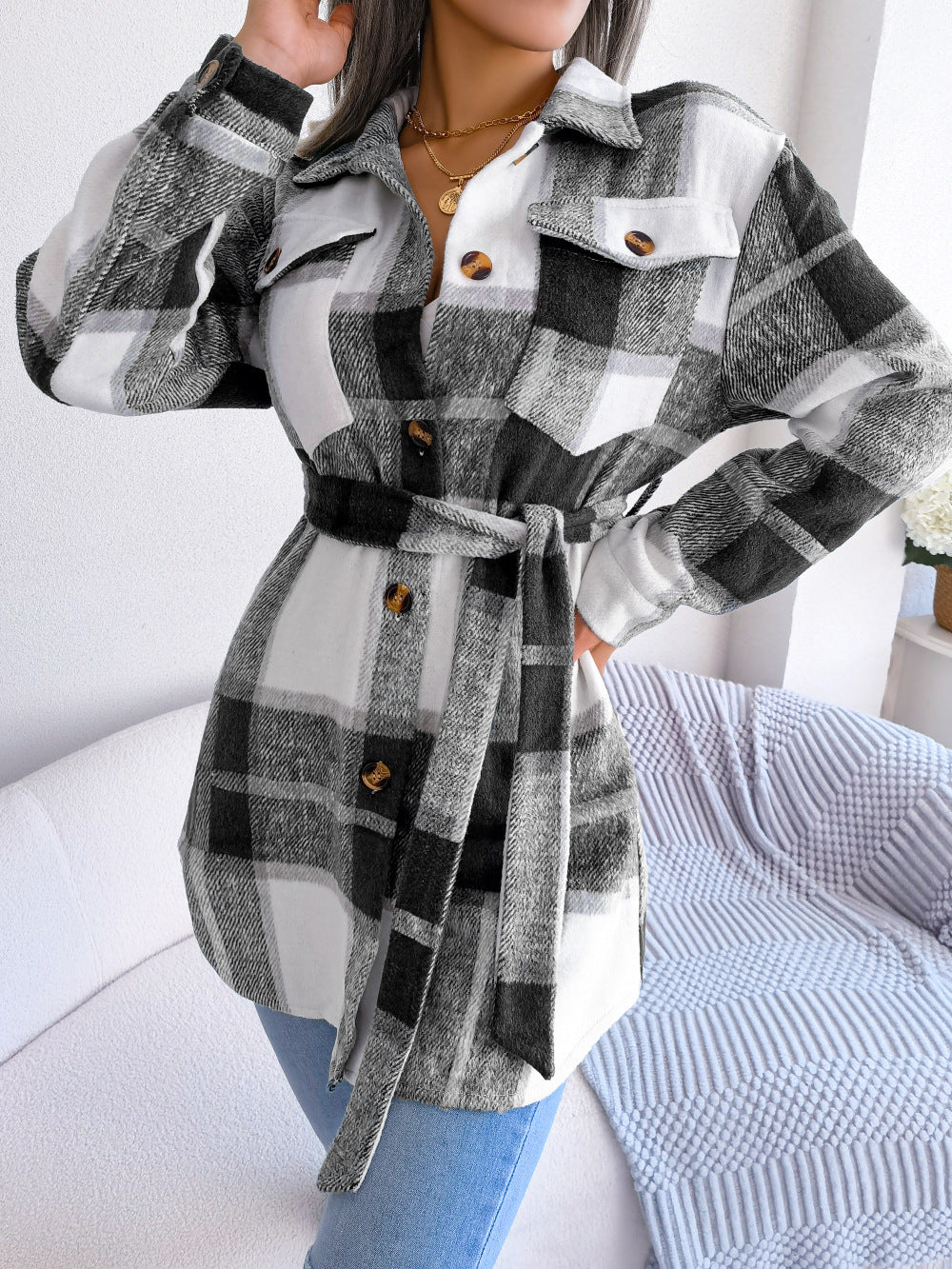 Color-contrast Check Long Sleeve Lace-up Thickened Woolen Coat