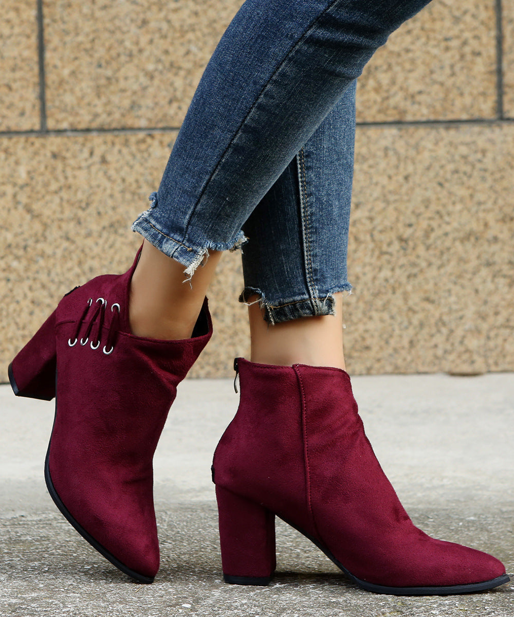 Retro Fashion Boots Pointed Suede High-heeled Ankle Boots Plus Size